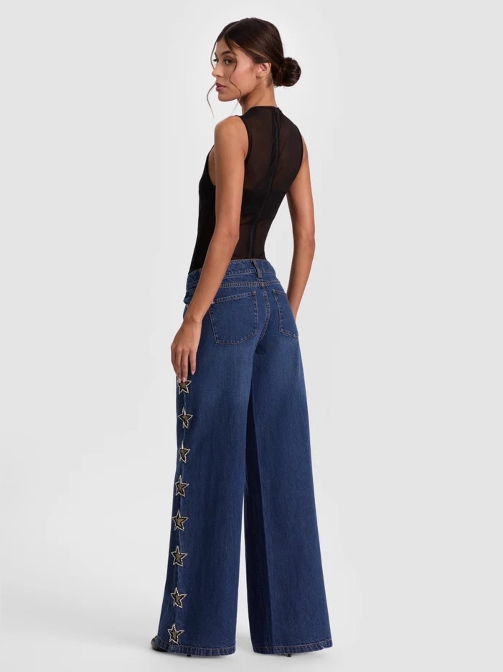 Alice + Olivia Dark Blue Wide-Leg Jeans with Star Embellishments - Picture 3 of 6